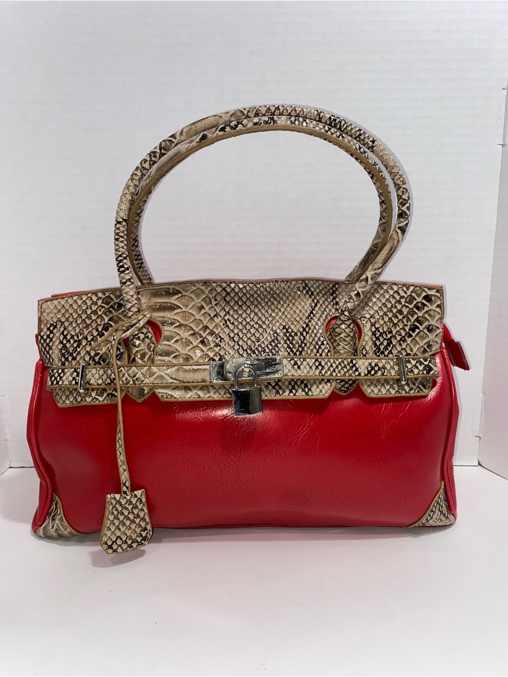 Bolma Red & Snake Print Satchel Handbag - Picture 2 of 8